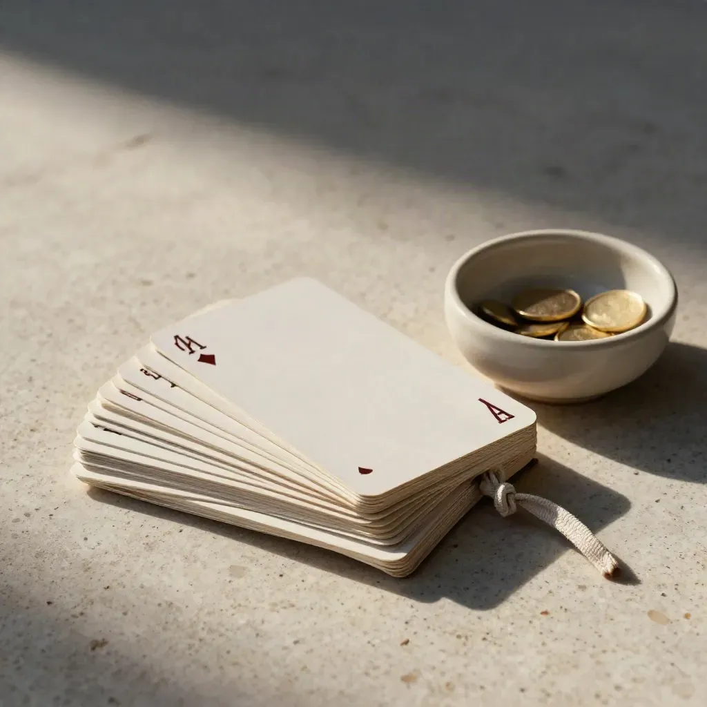 Ivory content cards fan beside a ribbon-bound notebook and ceramic token bowl on travertine.