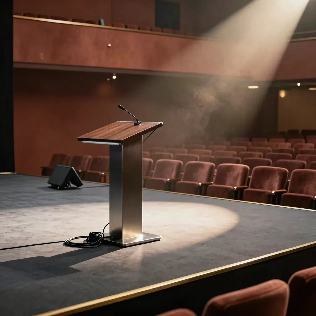 Empty keynote stage with sculptural lectern, coiled cable, spotlight pool, and blurred seats.