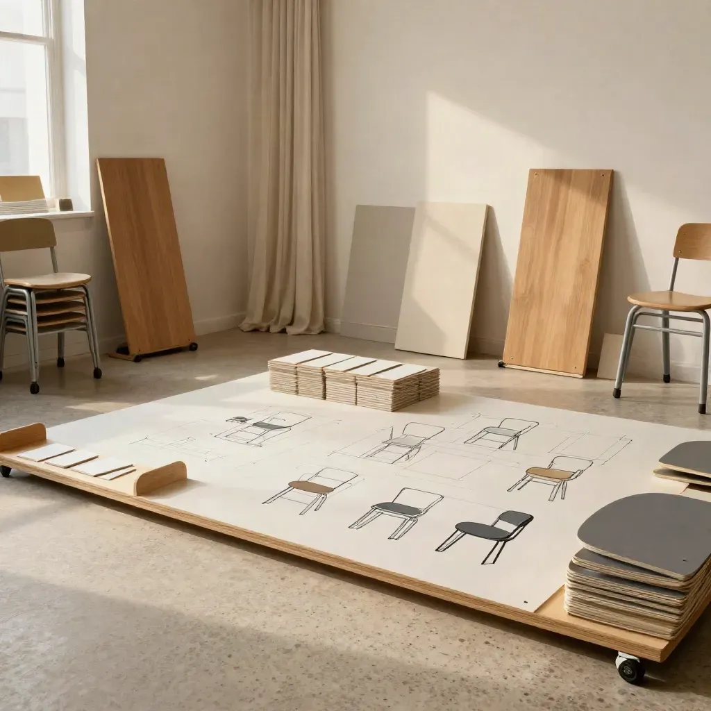 Warm workshop room with movable boards, stacked stools, cue cards and chair layout after a session.