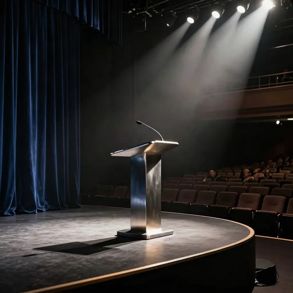 Empty design summit stage with sculptural lectern, navy curtains, spotlights, and blurred audience.