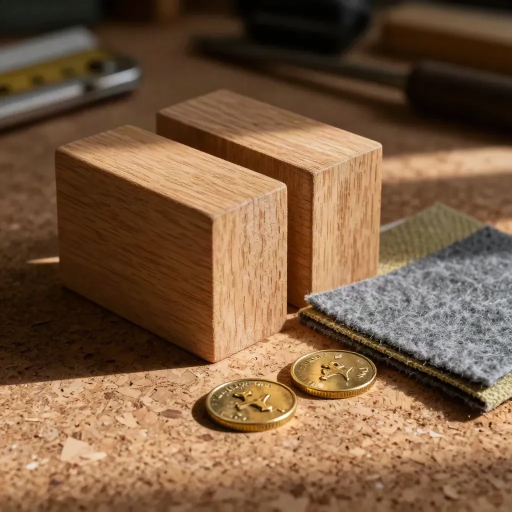 Wooden decision blocks, brass tokens, and felt swatches on a cork workshop surface.
