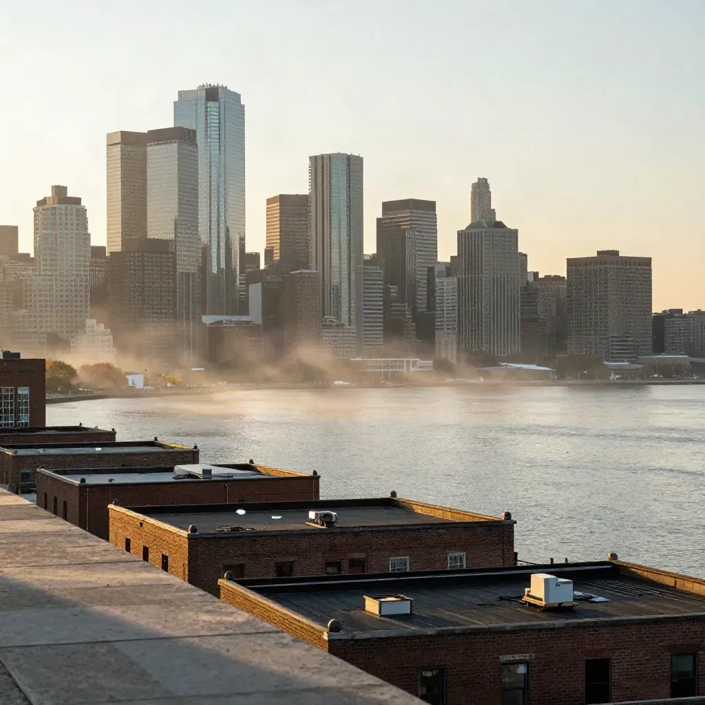 Boston skyline over misty harbor at sunrise, brick rooftops warming above calm water